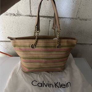 Calvin Klein Striped Beige, Pink & Green Tote with Gold Chain Handles
